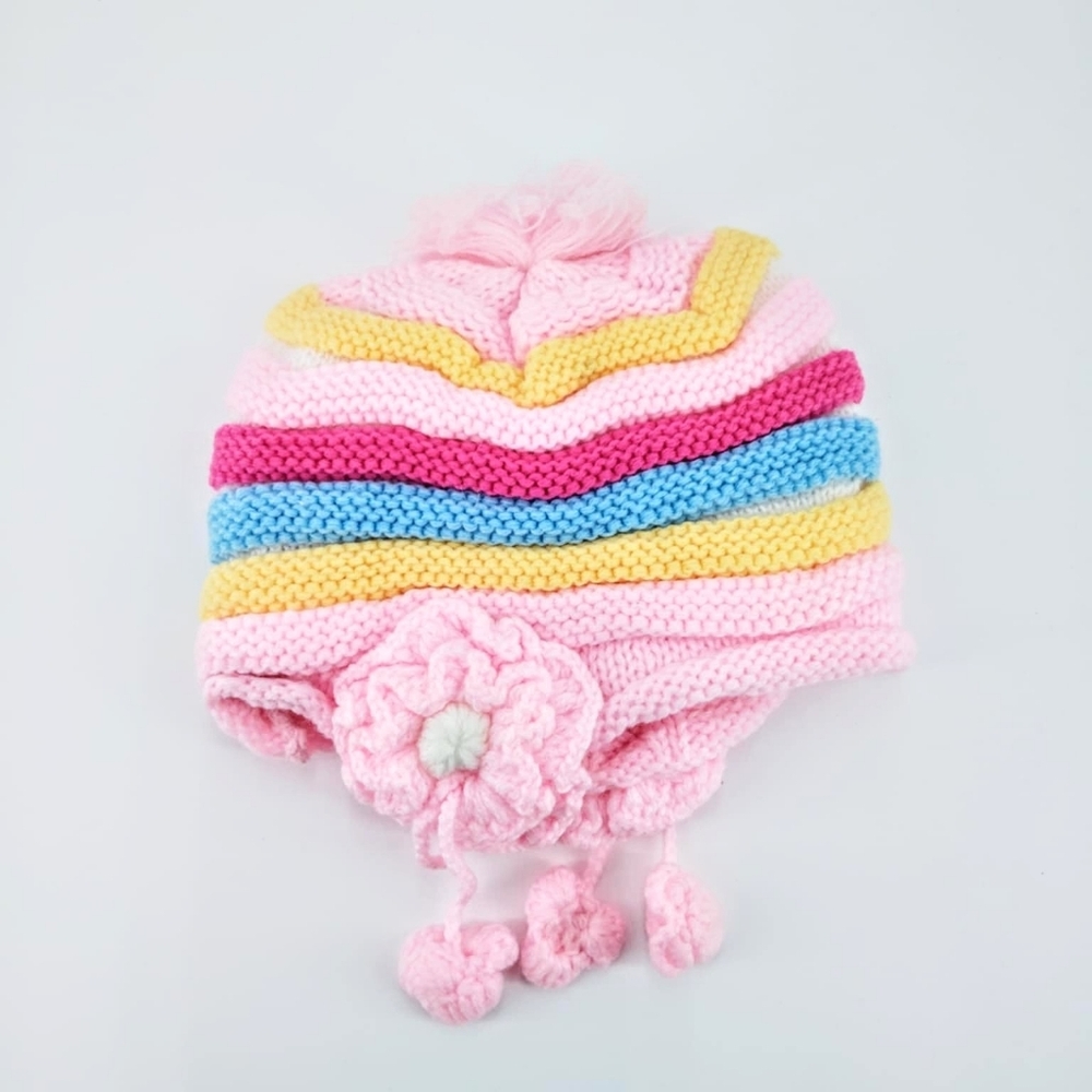Colorful Striped Crochet Kids Beanie with Flower